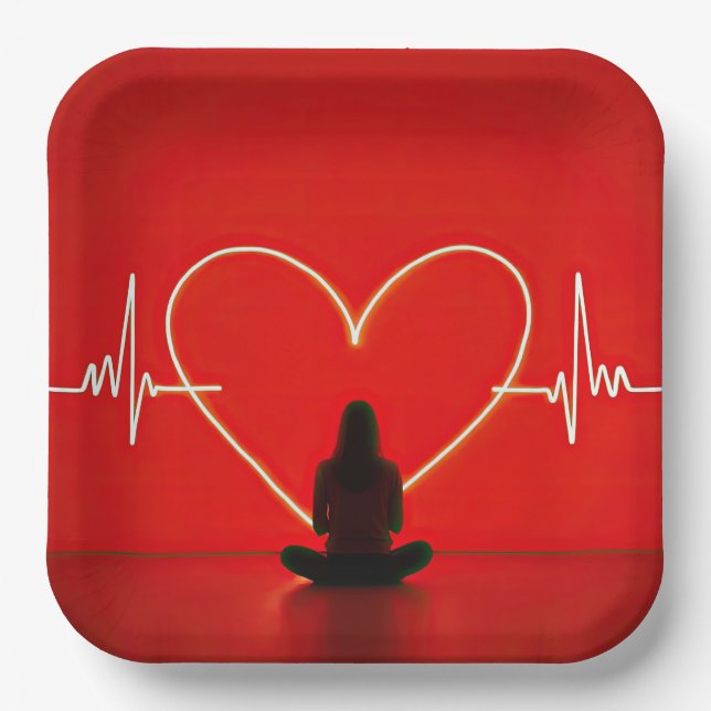 Yoga Pose With Heartbeat Lines Paper Plates (Front)