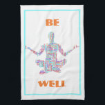 Yoga Pose Word Cloud Personalized Kitchen Towel<br><div class="desc">Yoga Pose Word Cloud personalized kitchen towel with the figure of a man in a yoga pose made up of rainbow colored text with words such as yoga, wellness, Vitality, etc.; an aqua border and tangerine-colored text that says, "Be Well." Personalize it by adding or changing text, images and background....</div>