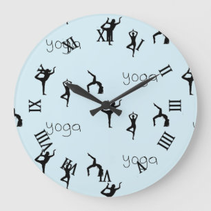 Yoga poses and text pattern on blue large clock