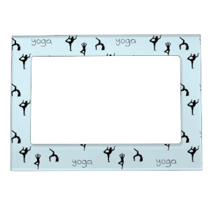Yoga poses and text pattern on blue magnetic frame