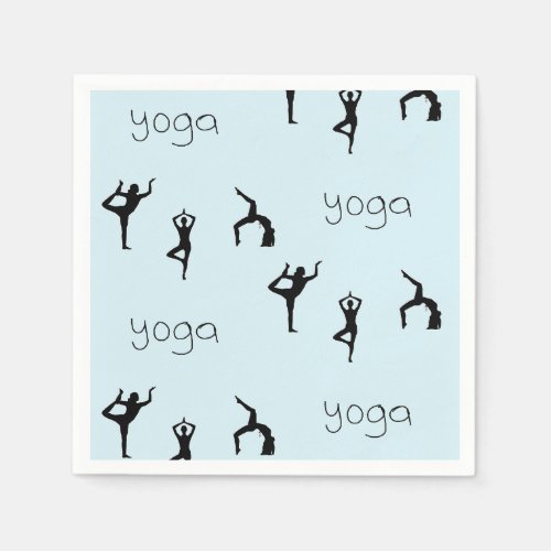 Yoga poses and text pattern on blue napkins