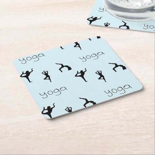 Yoga poses and text pattern on blue square paper coaster