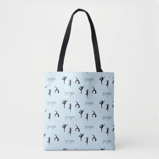 Yoga poses and text pattern on blue tote bag (Front)