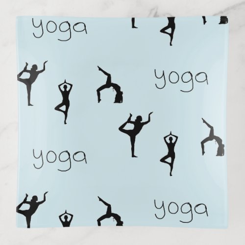 Yoga poses and text pattern on blue trinket tray