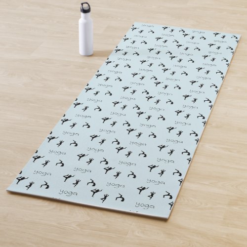Yoga poses and text pattern on blue yoga mat