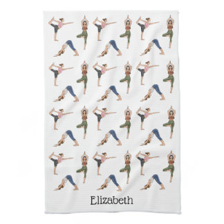 Yoga Poses Colorful Workout Pattern With Name Kitchen Towel