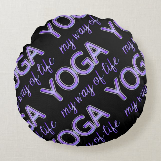 Yoga Purple Text Shiny Metallic Look Typography Round Pillow (Front)