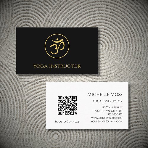Yoga QR code Om Symbol Modern Black Gold Business Card