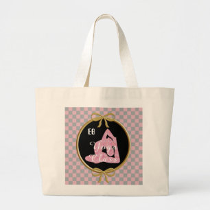 Yoga Silhouette & Soft Pink & Gray Checks Large Tote Bag