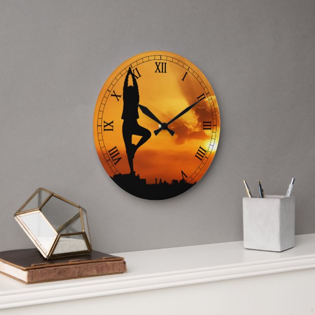Yoga Silhouette Sunset Wall Large Clock (Office)