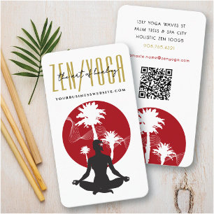 Yoga Silhouette Tropical Palm Trees & Zen Red Sun Business Card