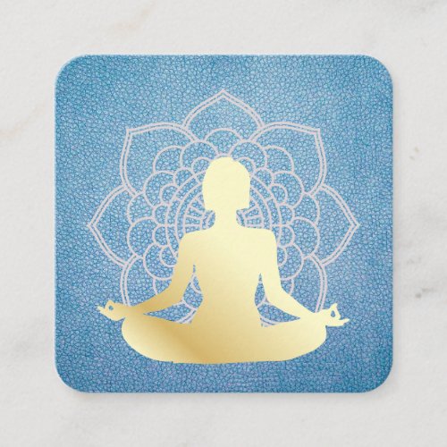 Yoga Sitting Lotus Blue Leather Mandala Pattern Square Business Card