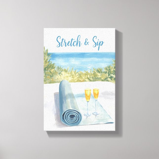 Yoga Stretch and Sip with ocean background Canvas Print (Front)