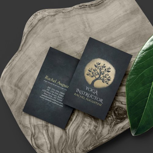 Yoga Studio Meditation Instructor Black Gold Tree Business Card