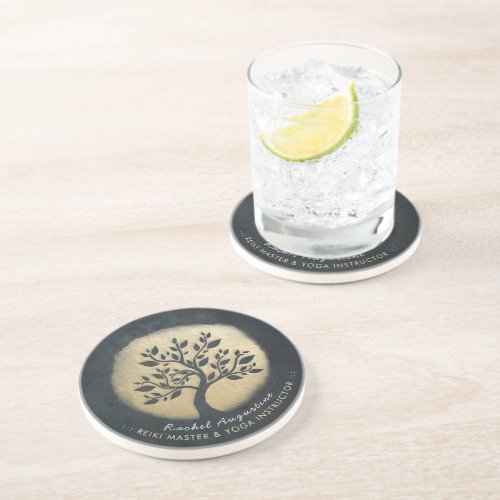 Yoga Studio Meditation Instructor Black Gold Tree Coaster