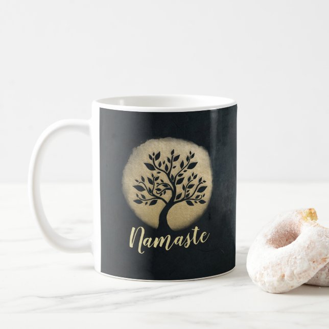 Yoga Studio Meditation Instructor Black Gold Tree Coffee Mug (With Donut)