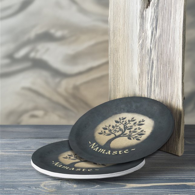 Yoga Studio Meditation Instructor Black Gold Tree Paper Plates (Creator Uploaded)