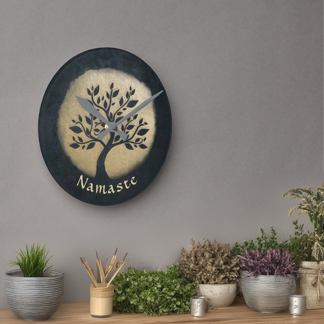 Yoga Studio Meditation Instructor Black Gold Tree Round Clock (Creator Uploaded)