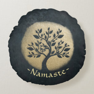 Yoga Studio Meditation Instructor Black Gold Tree Round Pillow