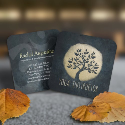 Yoga Studio Meditation Instructor Black Gold Tree Square Business Card