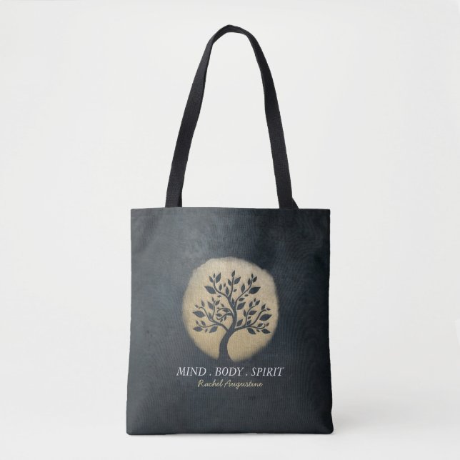 Yoga Studio Meditation Instructor Black Gold Tree Tote Bag (Front)