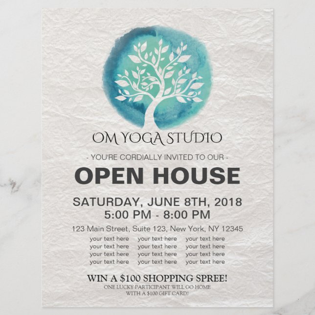 YOGA Studio Open House Meditation Watercolor Tree Flyer (Front)