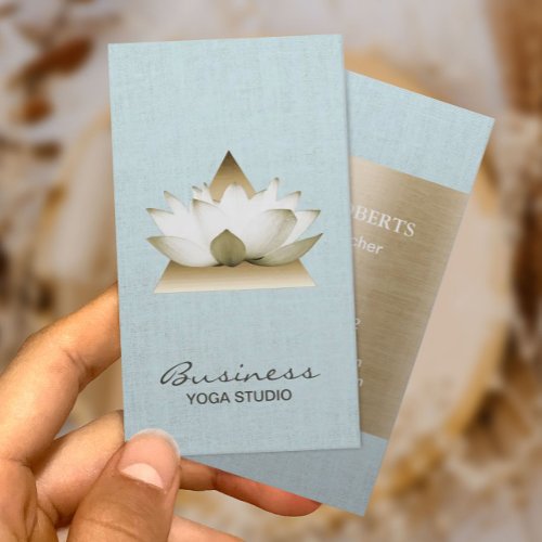 Yoga Teacher Gold Lotus Logo Light Blue Linen Business Card