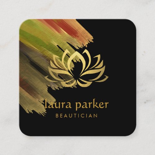 Yoga Teacher Lotus Flower Gold Art Logo Holistic Square Business Card