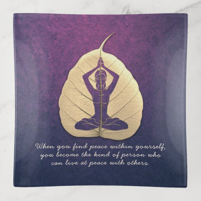 Yoga Teacher Meditation Pose Bodhi Leaf Cut Quotes Trinket Tray (Front)