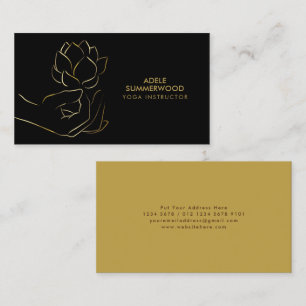 Yoga Theme Gold Line Hand & Lotus Flower Black Business Card