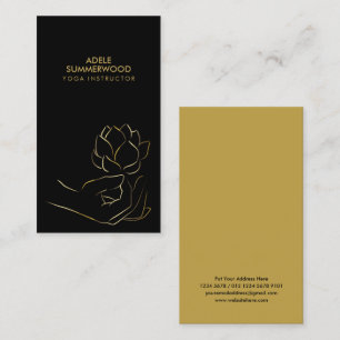 Yoga Theme   Gold Line Hand & Lotus Flower Black Business Card