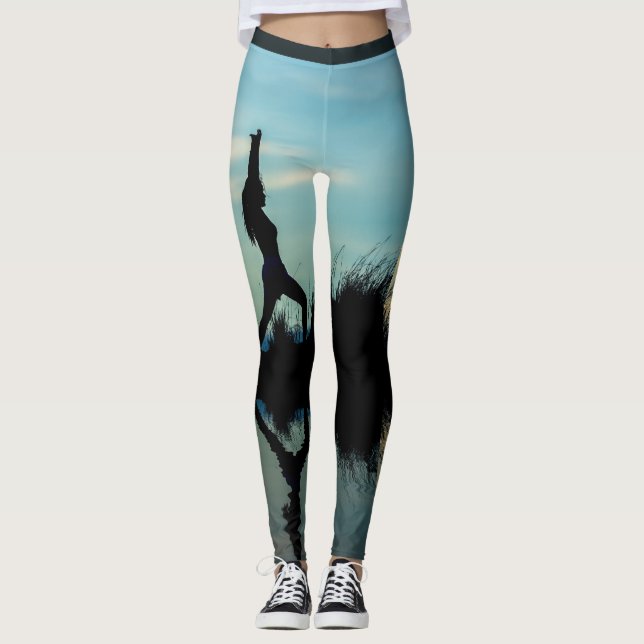 Yoga Theme Woman Silhouette With Water Reflection Leggings (Front)