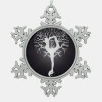 Yoga Tree in Black and White Snowflake Pewter Christmas Ornament