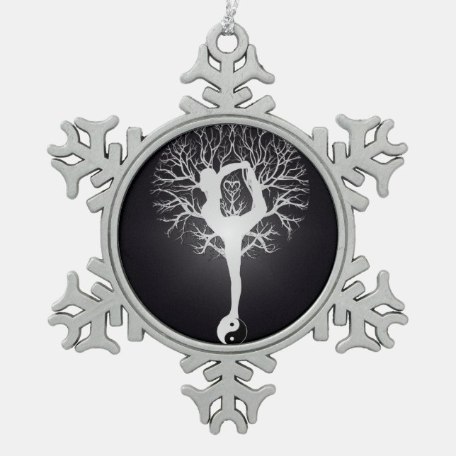 Yoga Tree in Black and White Snowflake Pewter Christmas Ornament (Front)