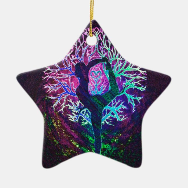 Yoga Tree Peace Rainbow Ceramic Ornament (Front)