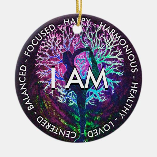 Yoga Tree Peace Rainbow Positive Affirmation Ceramic Ornament