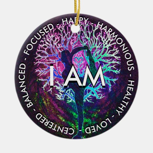 Yoga Tree Peace Rainbow Positive Affirmation Ceramic Ornament (Front)