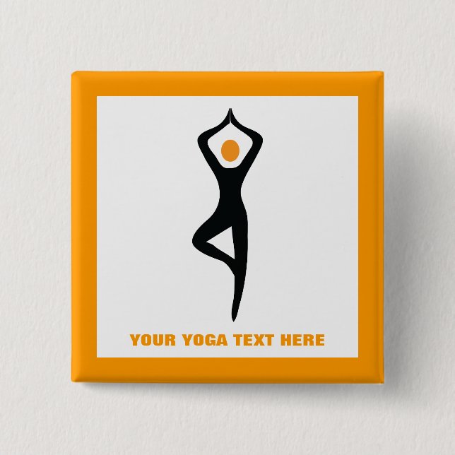 Yoga tree pose black, orange custom button (Front)