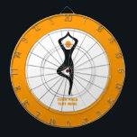 Yoga tree pose black, orange custom dart board<br><div class="desc">Yoga tree pose black, orange custom yoging gift design that features a minimalist icon of a black female yogi figure practicing the tree pose, or Vrksasana and your text on white background with orange border. This cool design is a template and it is completely customizable. Personalize it and change text...</div>