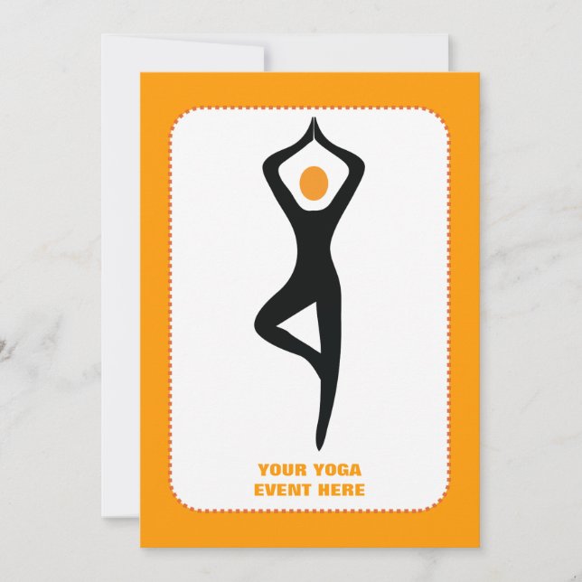 Yoga tree pose black, orange custom invitation (Front)