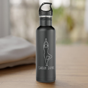 Yoga Tree Pose Outline Matte Black Water Bottle