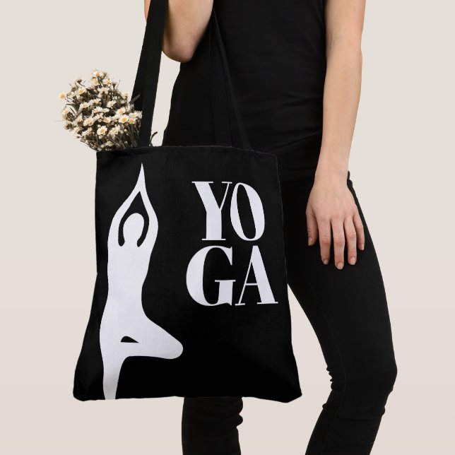 Yoga tree pose silhouette black tote bag (Close Up)