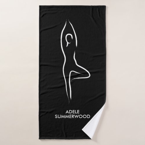 Yoga Vrksasana Line Art Symbol on Black Bath Towel Set