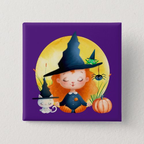 Yoga Witch and Cat Watercolor Halloween Button