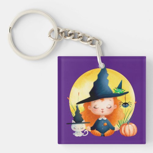 Yoga Witch and Cat Watercolor Halloween Keychain