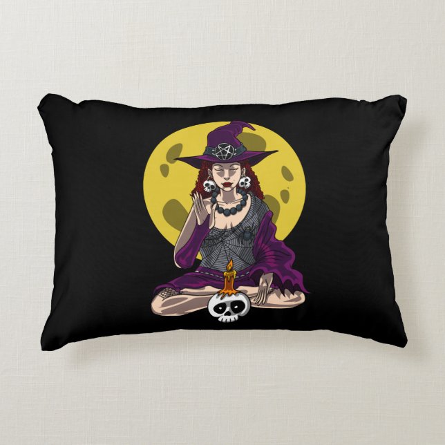 Yoga Witch Zen Meditation Namaste Halloween Accent Pillow (Front)