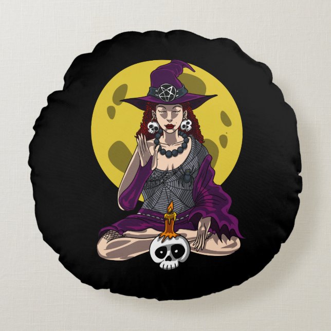 Yoga Witch Zen Meditation Namaste Halloween Round Pillow (Front)