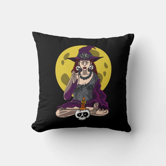 Yoga Witch Zen Meditation Namaste Halloween Throw Pillow (Front)