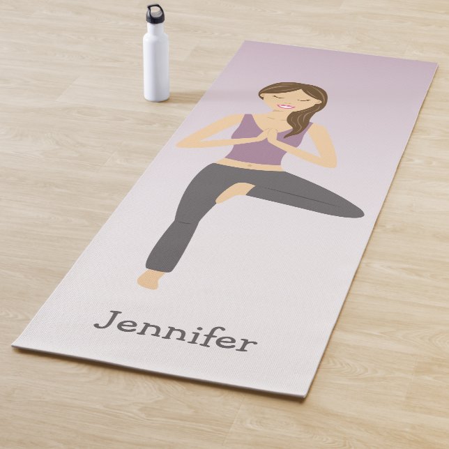Yoga Woman In Tree Pose With Custom Name Lilac Yoga Mat (In Situ)