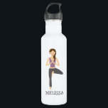Yoga Woman In Tree Pose With Custom Name Stainless Steel Water Bottle<br><div class="desc">Beautiful vector illustration of a pretty brunette woman doing yoga. The woman is doing the tree pose and her hands are in namaste. She is wearing a lilac shirt and dark grey pants. There is also a customizable text area for a name.</div>